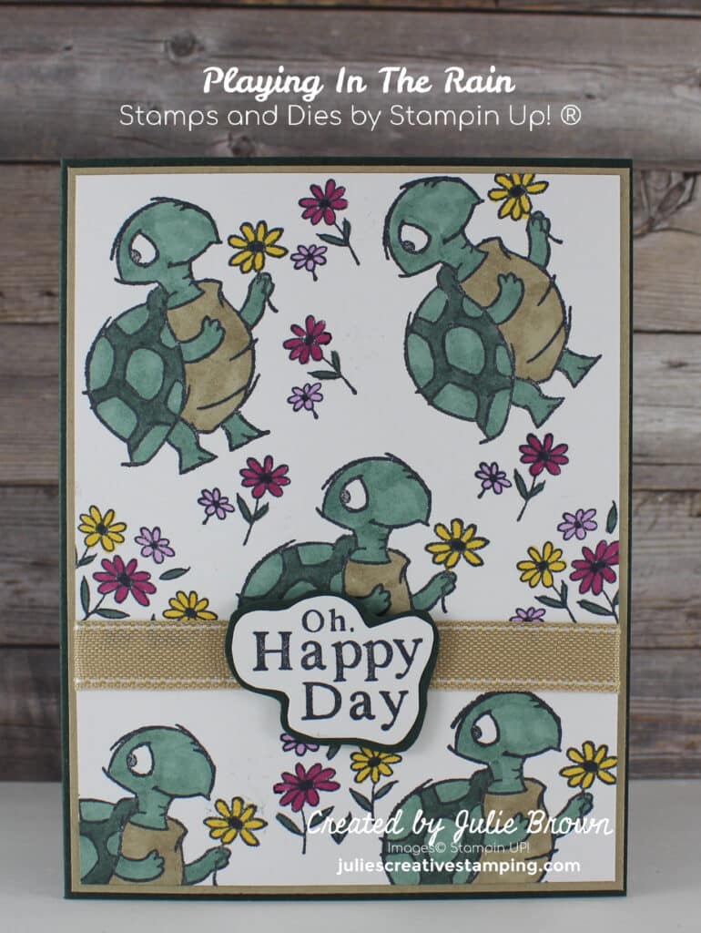 Handmade card made by stamping several turtle images to create a background then coloring in the turtles with Stampin Blends.