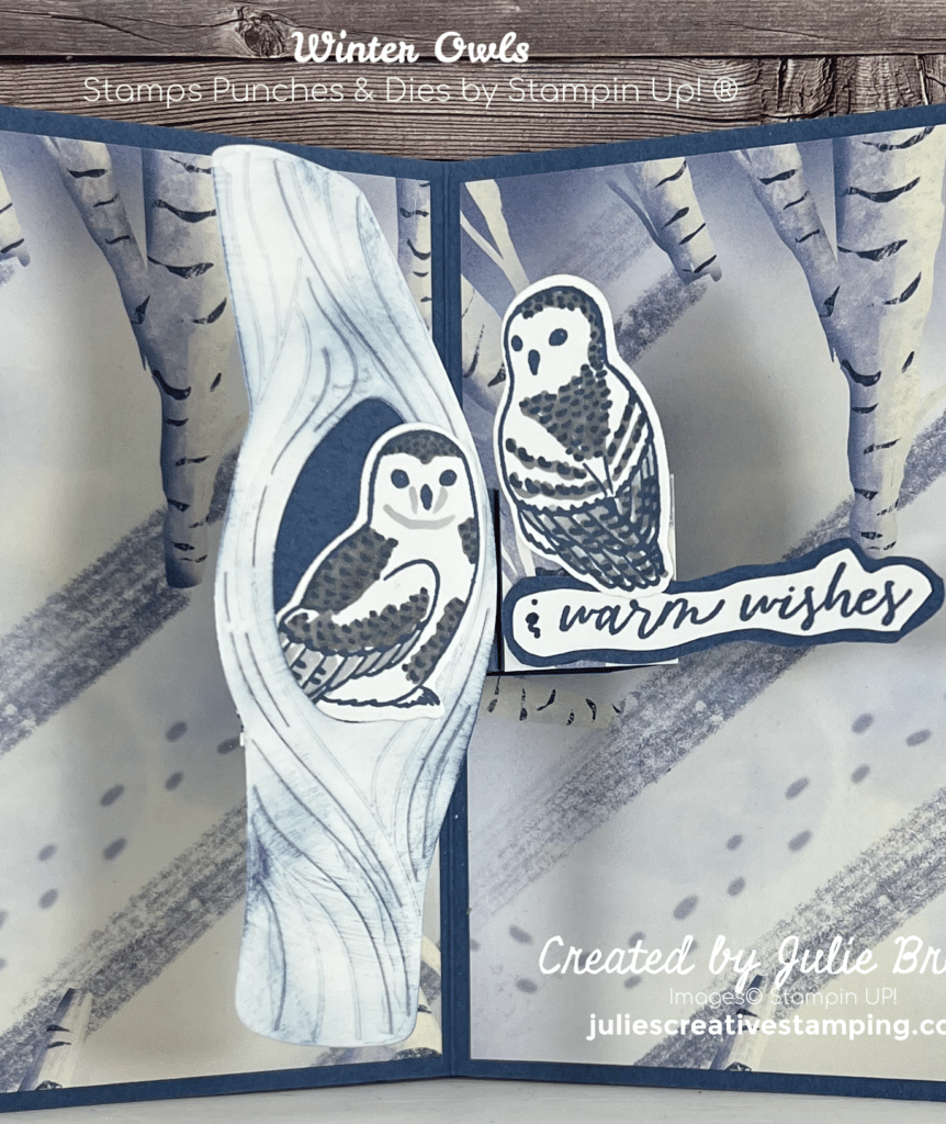 Inside of Winter Owls Pop Up card. Shows one owl inside a tree stump and the other owl sitting on a branch with a sentiment underneath.