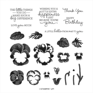 Stampin Up® case insert from the Pansy Patch stamps set shows sentiments and two step pansy stamps. 