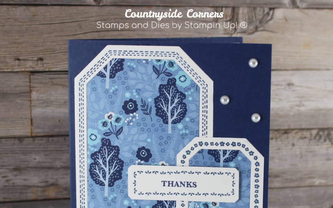 Handmade card using all blues with designer series paper nested inside frames that are layered onto top of each other to form a pleasing look.